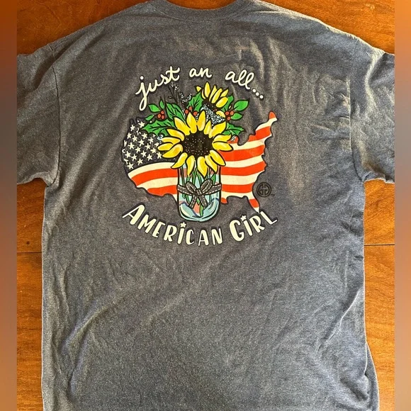 Girlie Girl Originals Sunflower American Flag Graphic Tee XL Navy USA Shirt - Picture 4 of 5